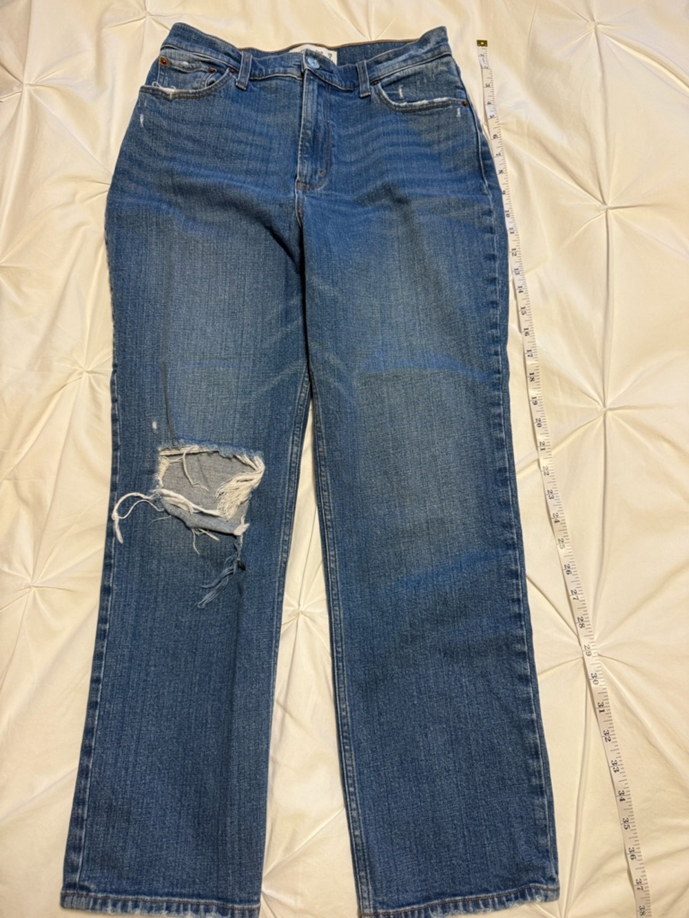 Abercrombie & Fitch Women's Blue Straight-Leg Jeans with Distressed Knee